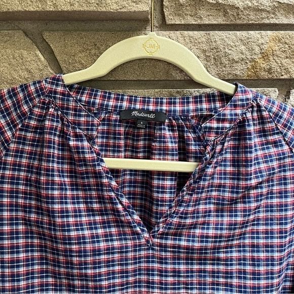 Madewell Blue Red Tie-Sleeve Linen Blend Top in Whitby Plaid Size Small - Picture 5 of 12
